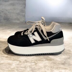 New Balance 574+ Platform Sneakers - Black/White/Rain Cloud - Women’s Size 7.5